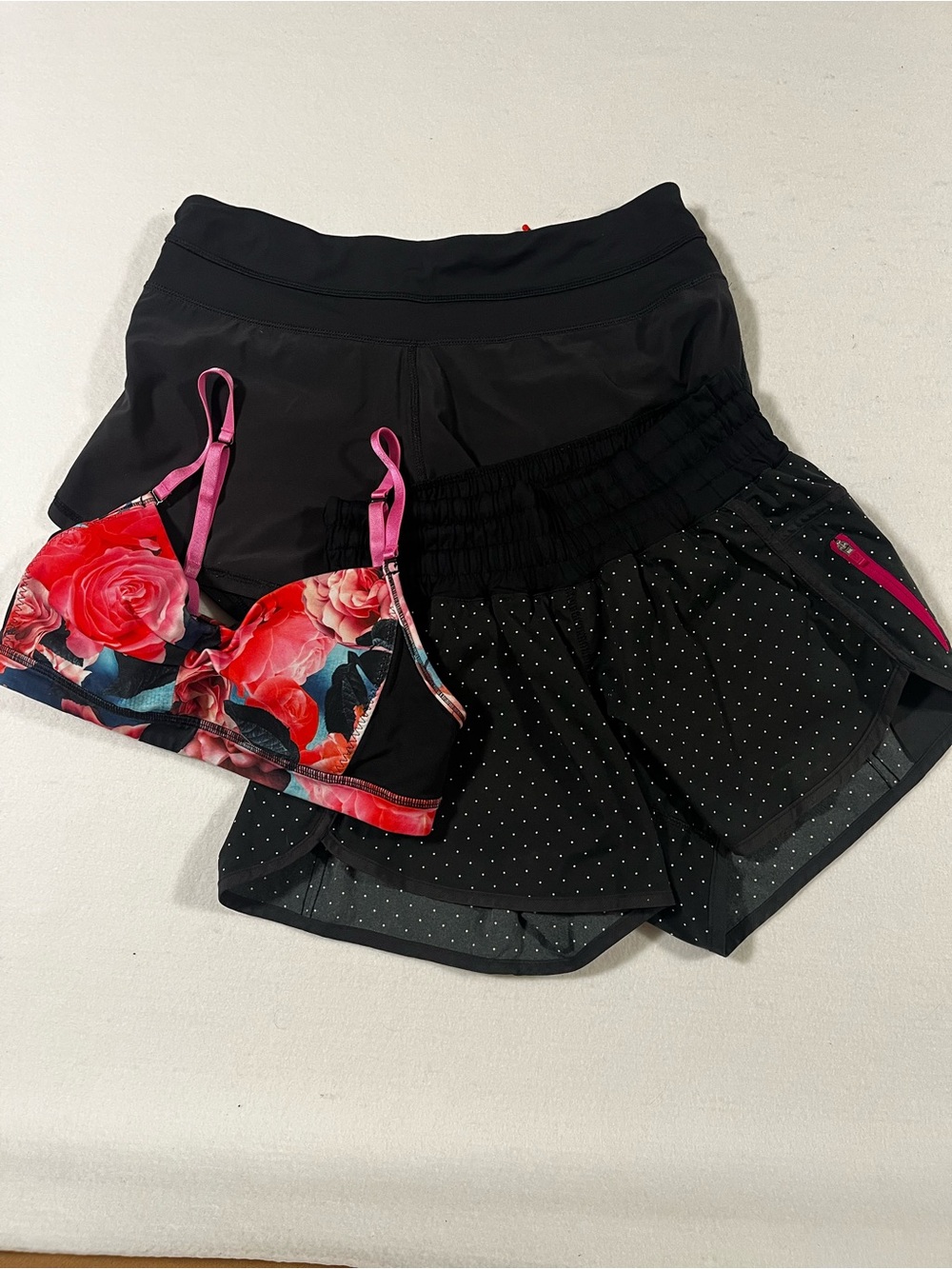 Lululemon 2pairs of Black Athletic Shorts & 1 Floral Sports Bra Set
All size 6